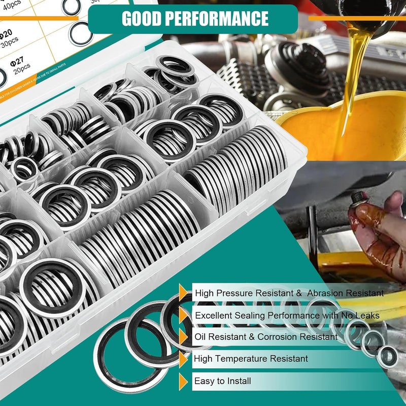 Dekiphox 450PCS Bonded Sealing Washers Automotive Metric Zinc-Plated Steel Rubber Sealing Washer Kit Self-Centred Metal Seal Gasket Crush Washers M6 M8 M10 M12 M14 M16 M18 M20 M22 M24 M27 M30 - Image 5